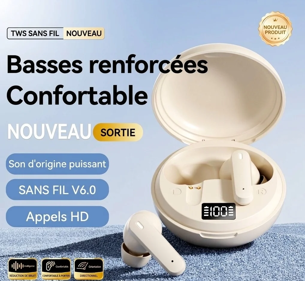Écouteurs intra-auriculaires sans fil True Wireless avec indicateur de batterie LED et amplification des basses - Modèle n° M164
