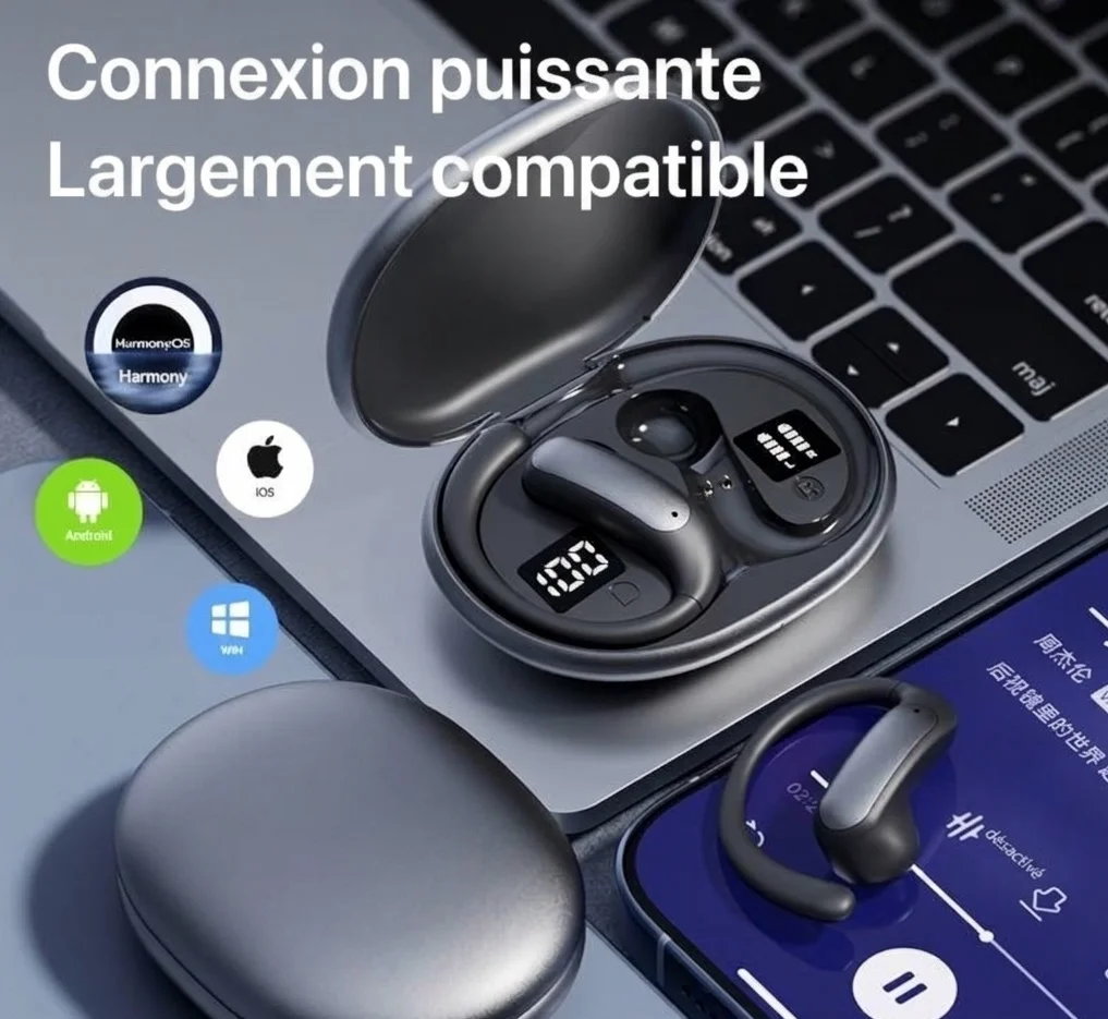 Écouteurs intra-auriculaires sans fil Bluetooth 5.4 à oreille ouverte avec indicateur de charge LED, modèle n° M134