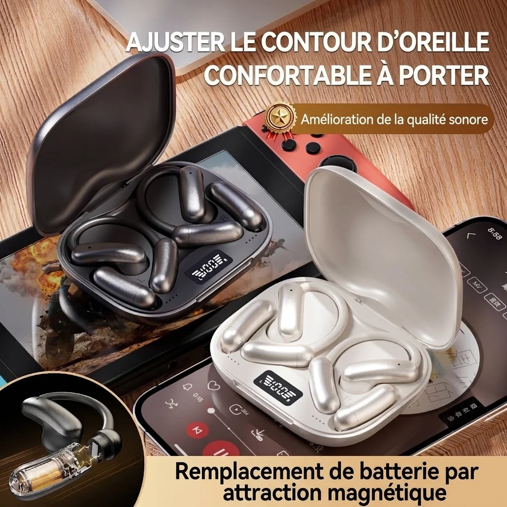 Écouteurs Bluetooth sans fil à oreille ouverte avec batterie magnétique, modèle n° M143
