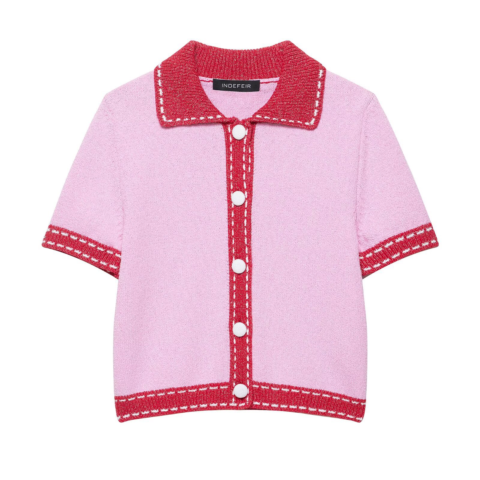 Knit Cardigan - Women's Short Sleeve Topstitched Knitwear KUN-00097