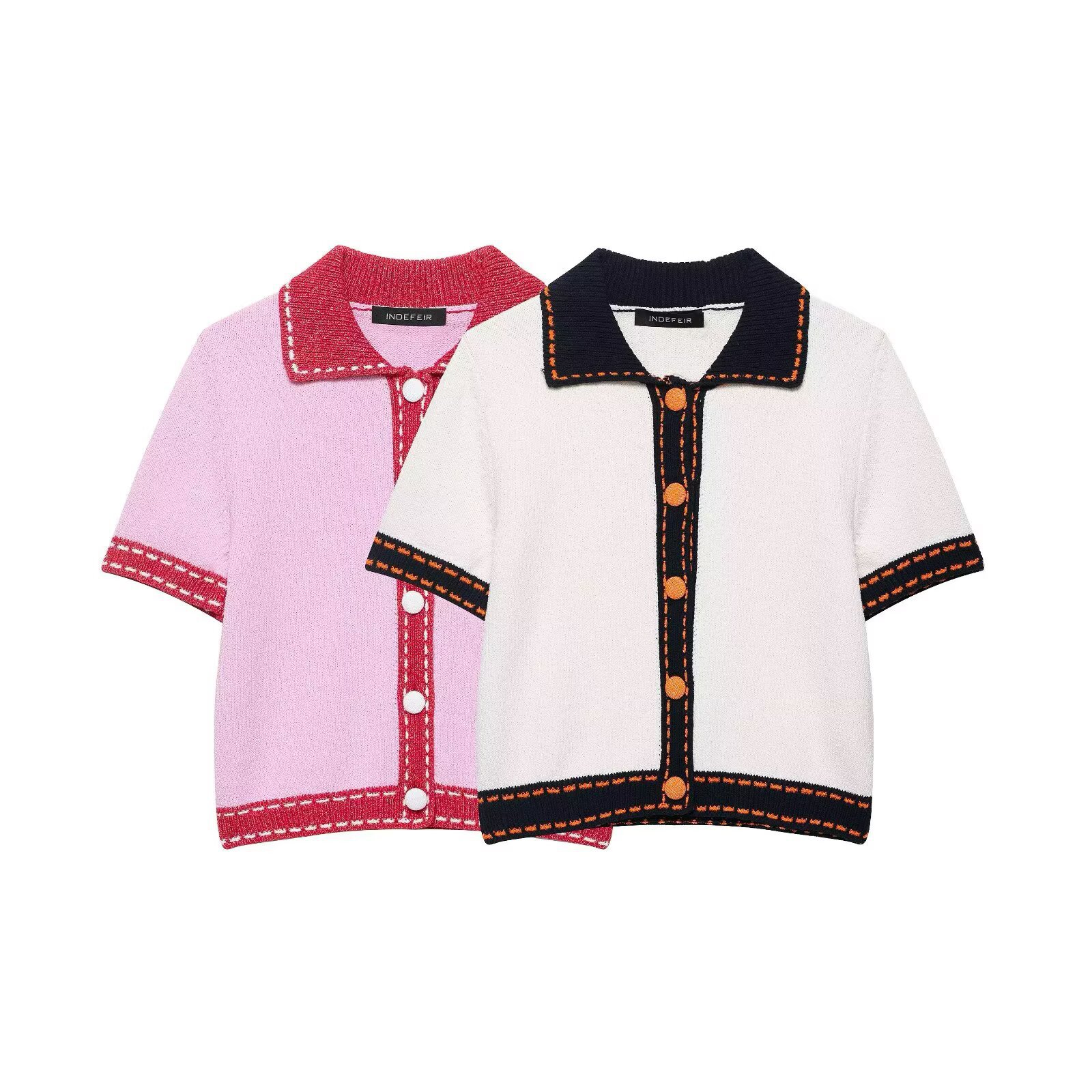 Knit Cardigan - Women's Short Sleeve Topstitched Knitwear KUN-00097