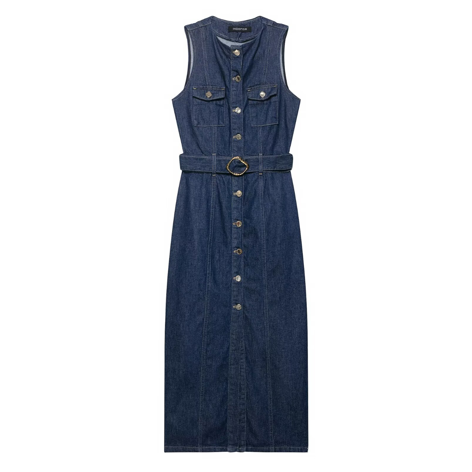 Denim Belted Dress - Women's European Style KUN-00157