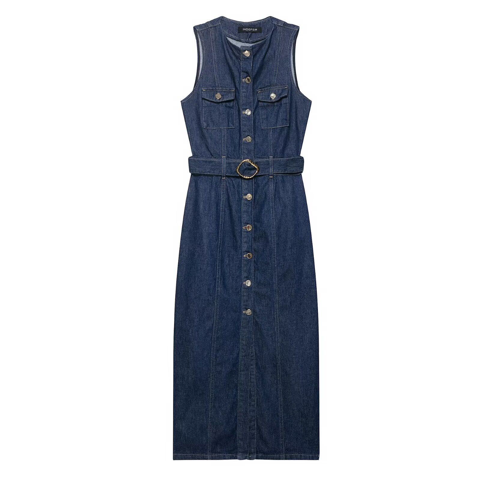Denim Belted Dress - Women's European Style KUN-00157