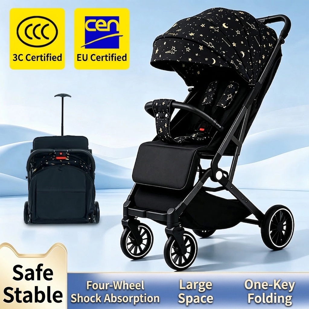 Passeggino compatto con sospensioni a 4 ruote e sedile reclinabile.