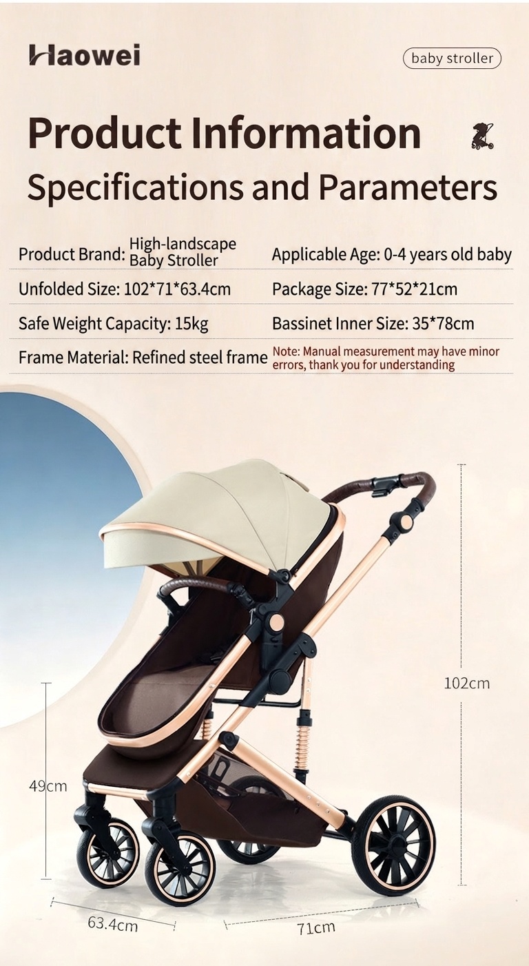 Kinderwagen mit Liegefunktion und großem Verdeck – 4-Rad-PU-Federung