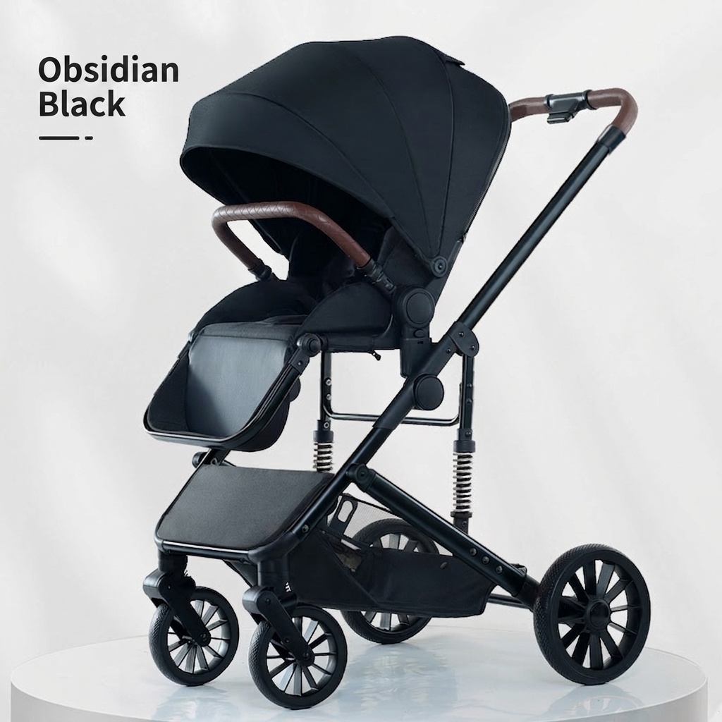 Kinderwagen mit Liegefunktion und großem Verdeck – 4-Rad-PU-Federung