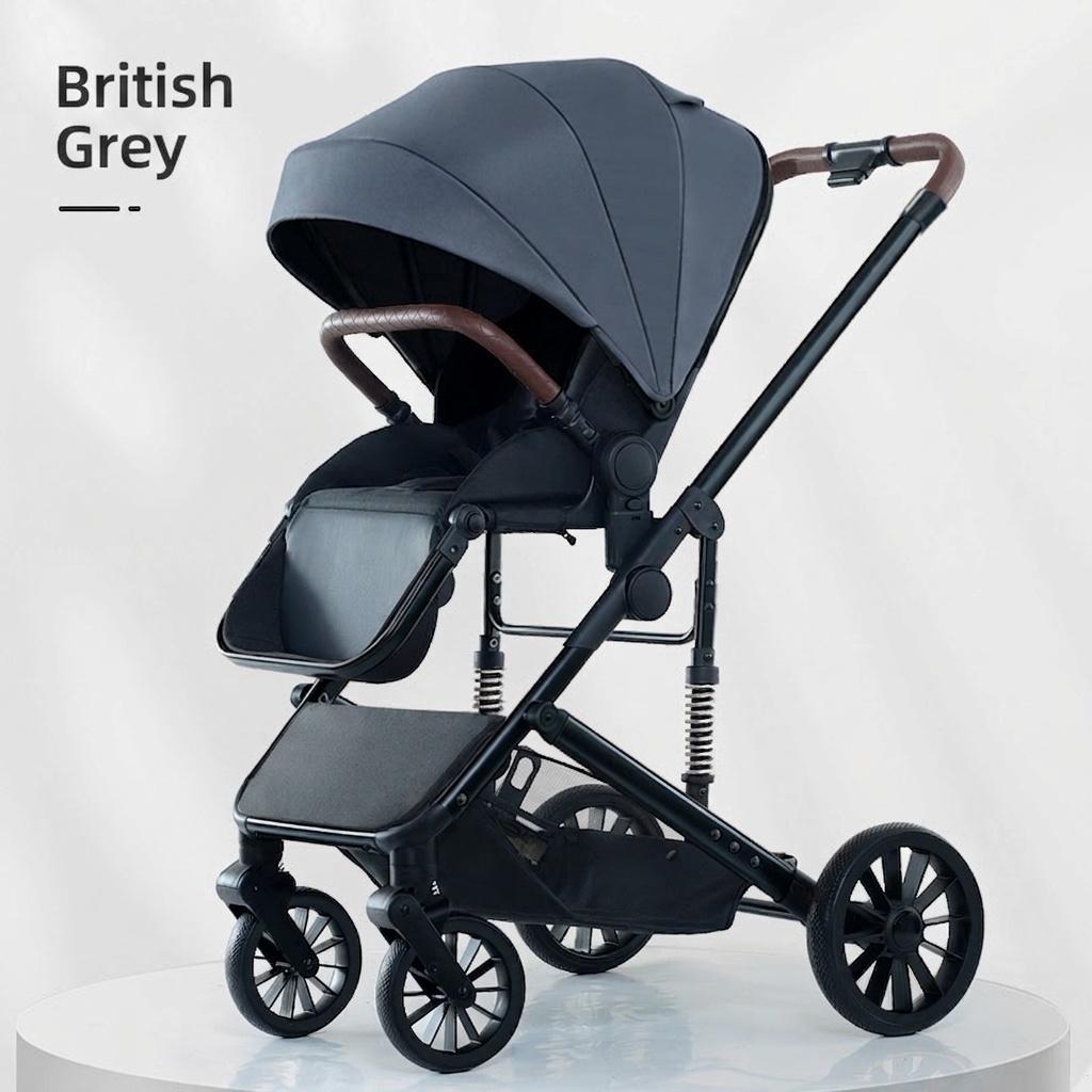 Kinderwagen mit Liegefunktion und großem Verdeck – 4-Rad-PU-Federung