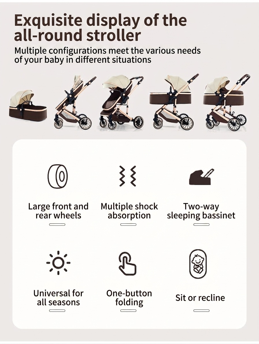Kinderwagen mit Liegefunktion und großem Verdeck – 4-Rad-PU-Federung