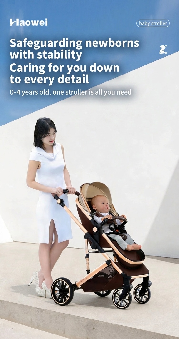 Kinderwagen mit Liegefunktion und großem Verdeck – 4-Rad-PU-Federung
