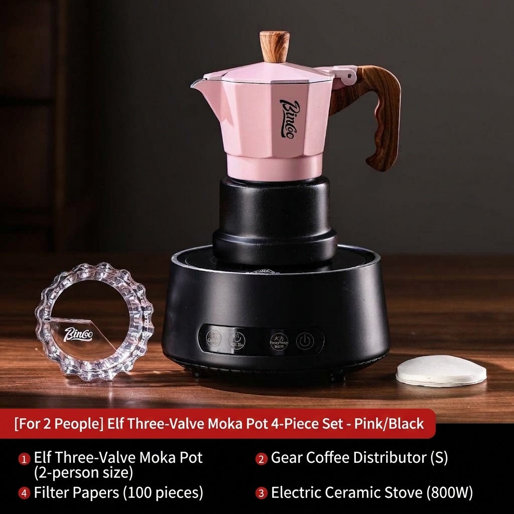 BinCo 3-Valve Moka Pot Espresso Maker - Black, White & Pink