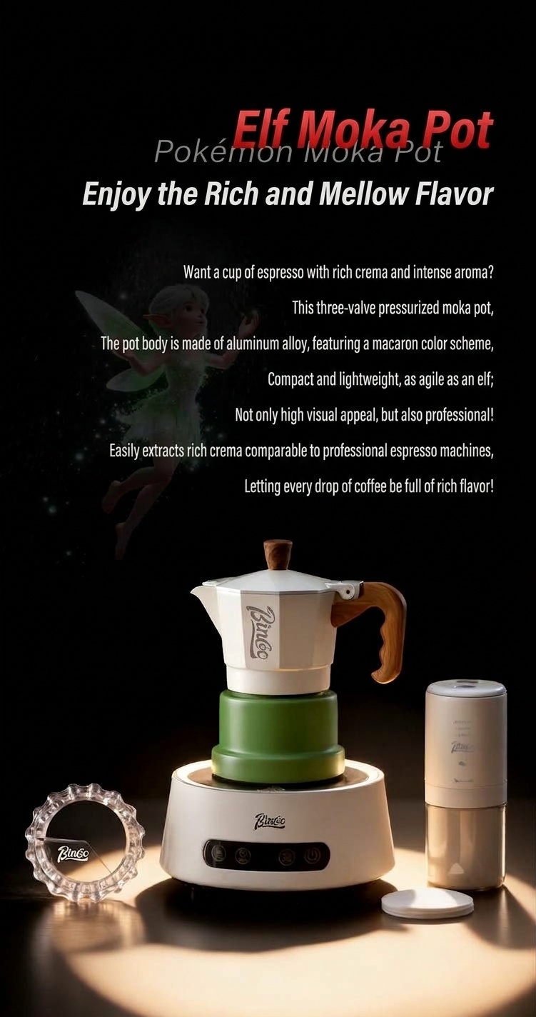 BinCo 3-Valve Moka Pot Espresso Maker - Black, White & Pink
