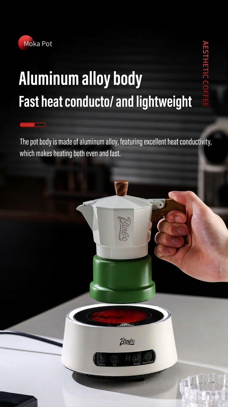 BinCo 3-Valve Moka Pot Espresso Maker - Black, White & Pink