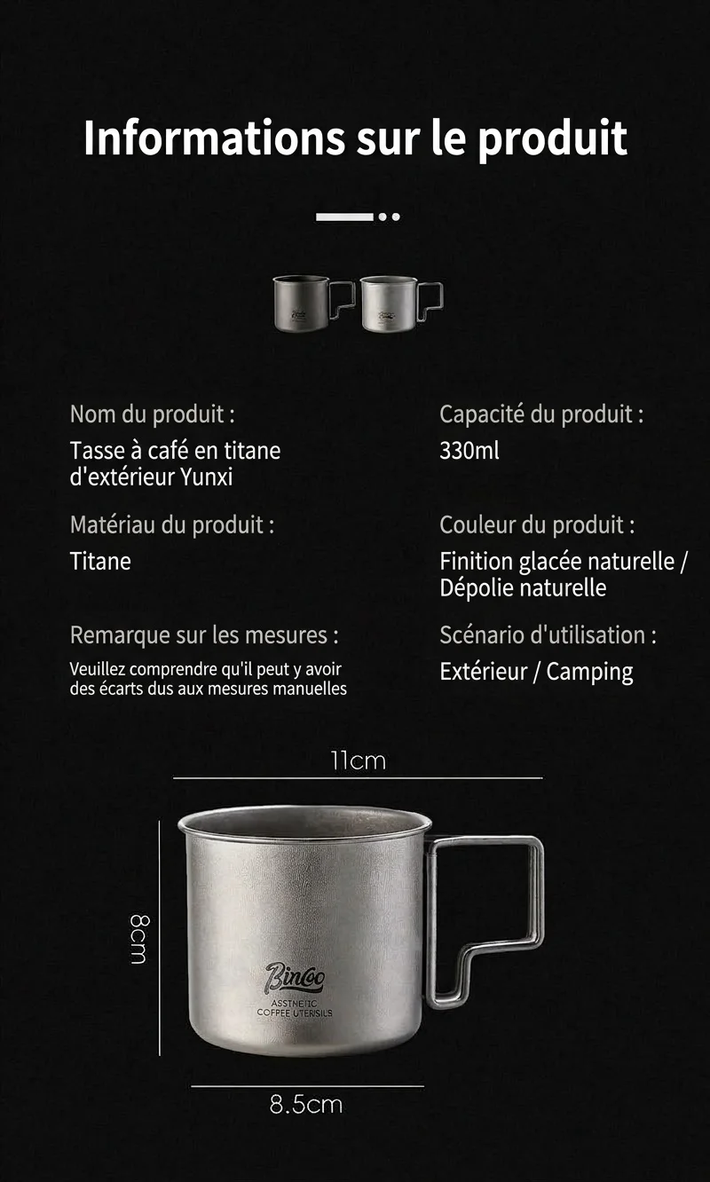 Mug Bincoo en titane - Tasse légère pour le camping et les activités de plein air 330 ml