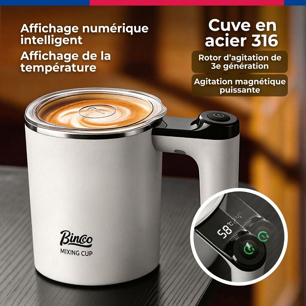 Mug mélangeur intelligent Bincoo - Mélangeur et mousseur à café automatique