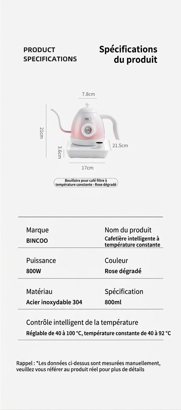 Bouilloire électrique intelligente BinCo à col de cygne avec contrôle de température