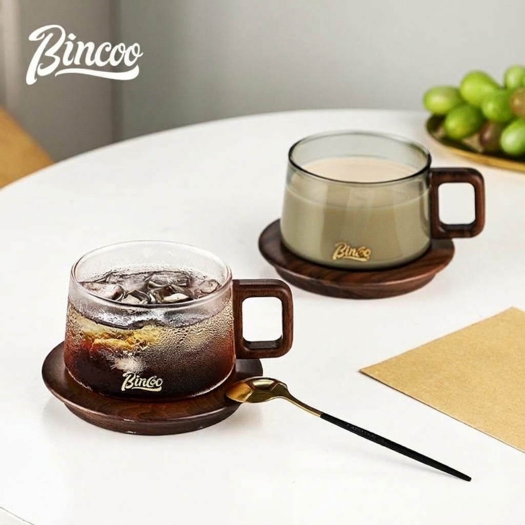 Bincoo Modern Glass Coffee Mug with Wood Handle & Coaster Set