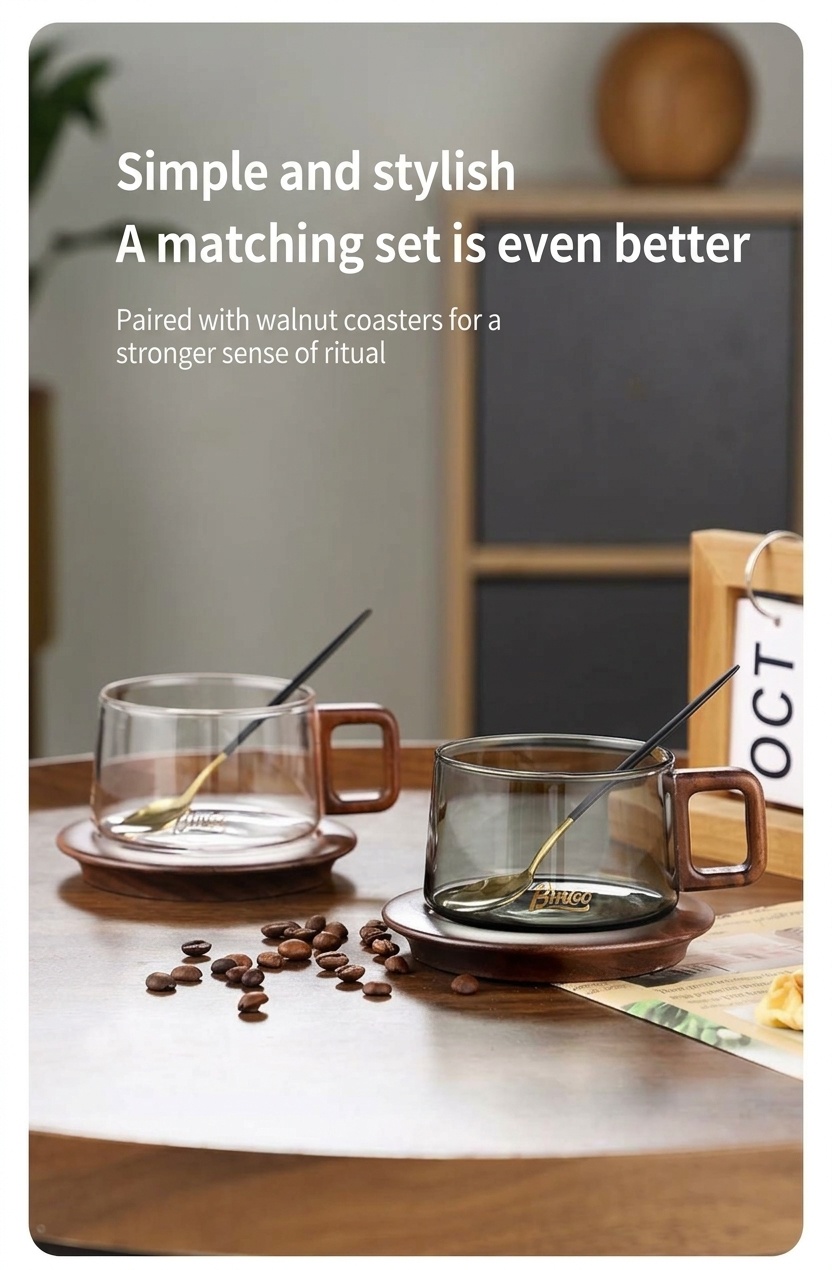 Bincoo Modern Glass Coffee Mug with Wood Handle & Coaster Set