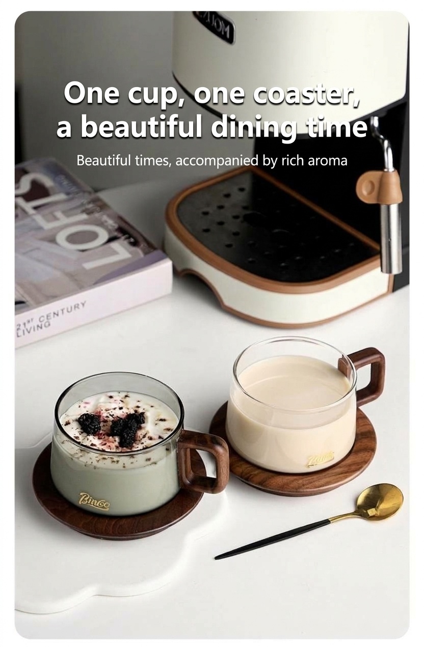 Bincoo Modern Glass Coffee Mug with Wood Handle & Coaster Set