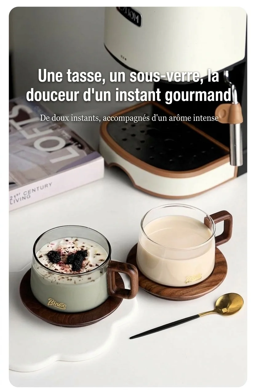 Ensemble tasse à café moderne en verre Bincoo avec anse en bois et sous-verre