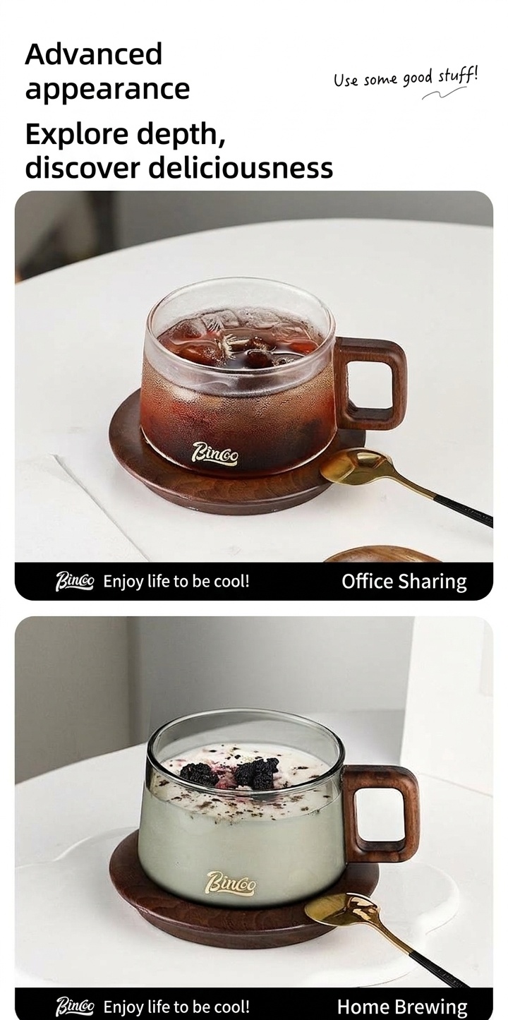Bincoo Modern Glass Coffee Mug with Wood Handle & Coaster Set