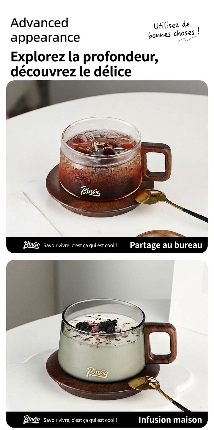 Ensemble tasse à café moderne en verre Bincoo avec anse en bois et sous-verre
