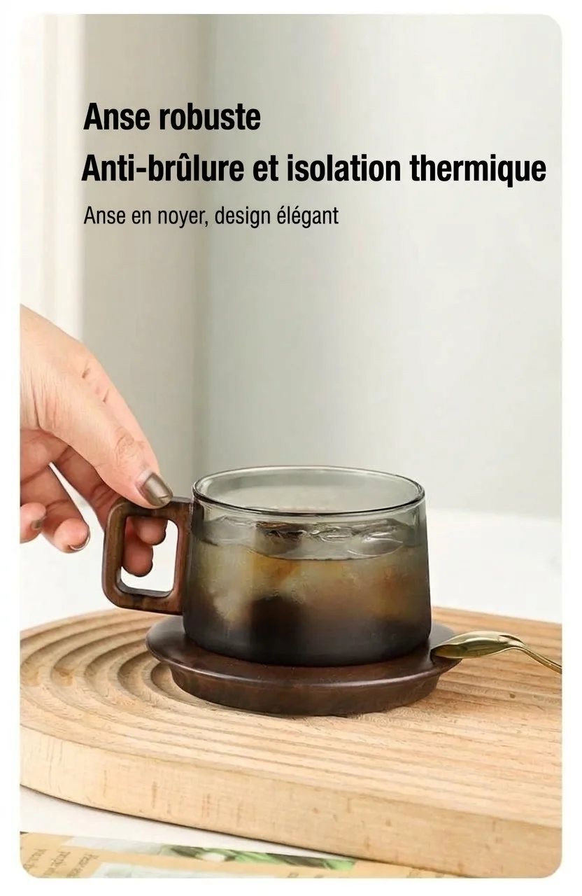Ensemble tasse à café moderne en verre Bincoo avec anse en bois et sous-verre