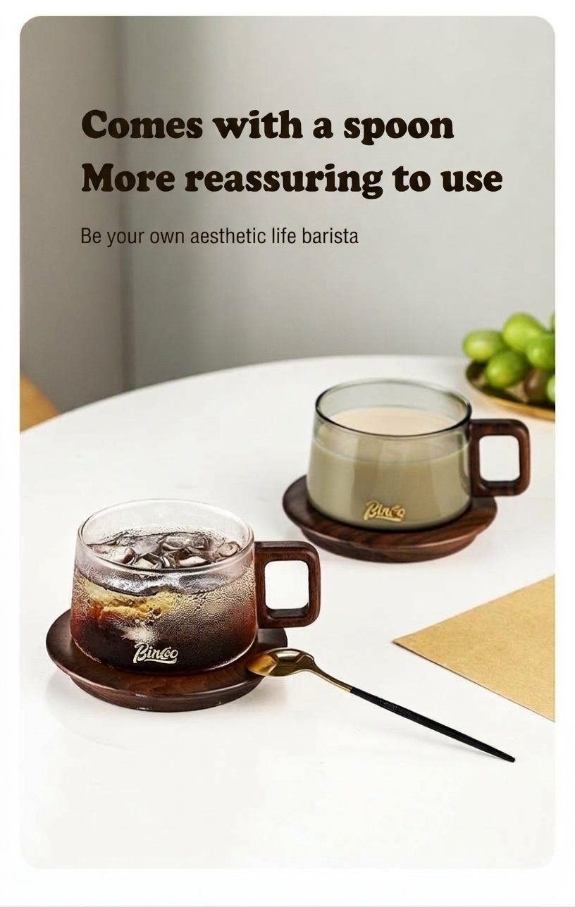 Bincoo Modern Glass Coffee Mug with Wood Handle & Coaster Set