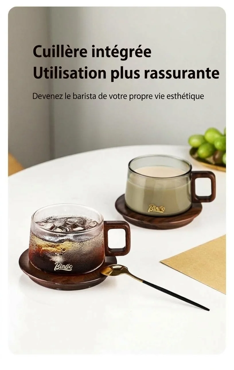 Ensemble tasse à café moderne en verre Bincoo avec anse en bois et sous-verre