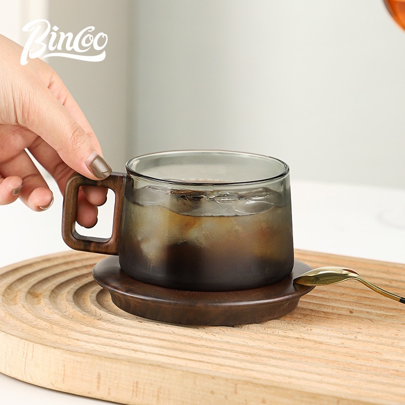 Bincoo Modern Glass Coffee Mug with Wood Handle & Coaster Set