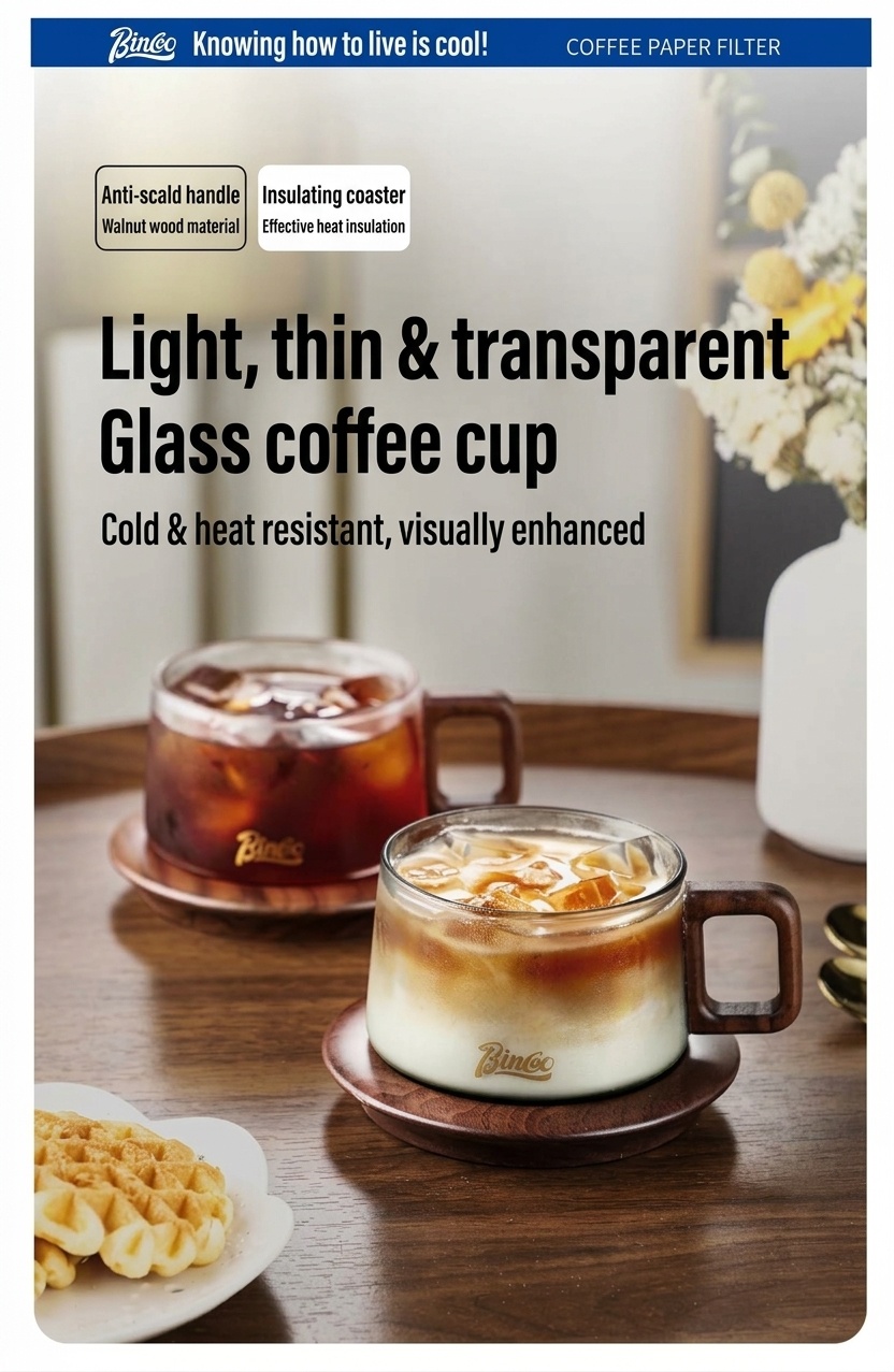Bincoo Modern Glass Coffee Mug with Wood Handle & Coaster Set