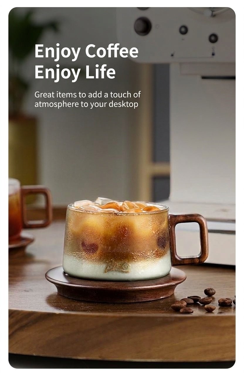 Bincoo Modern Glass Coffee Mug with Wood Handle & Coaster Set