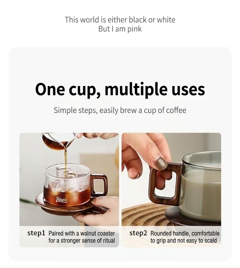 Bincoo Modern Glass Coffee Mug with Wood Handle & Coaster Set
