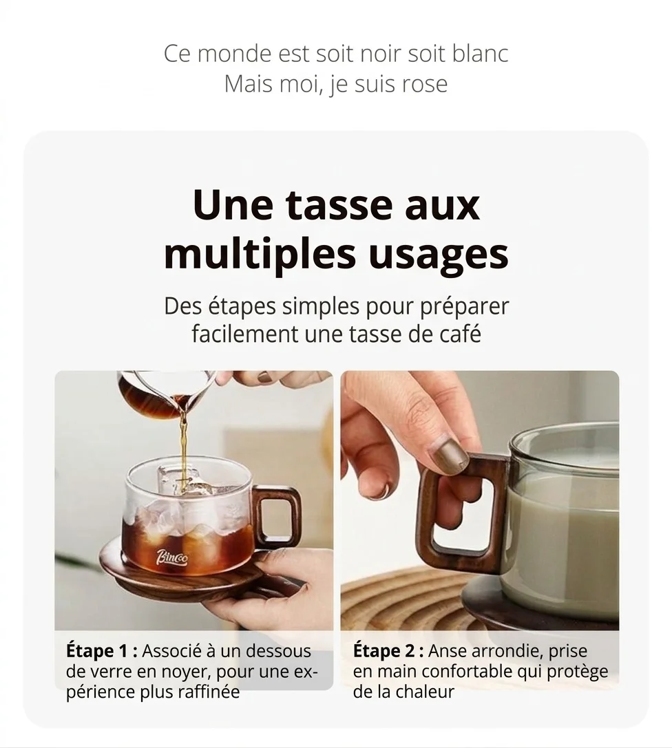 Ensemble tasse à café moderne en verre Bincoo avec anse en bois et sous-verre