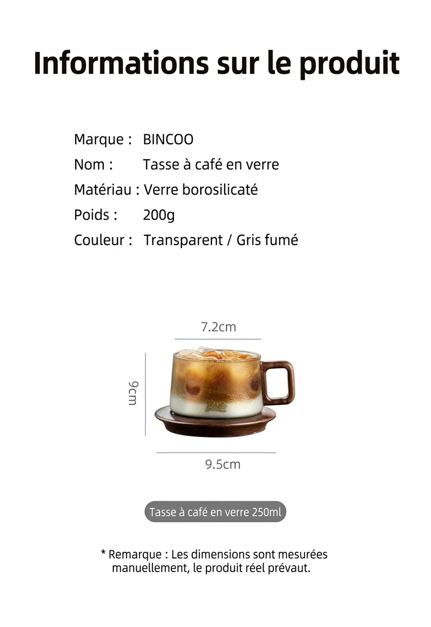 Ensemble tasse à café moderne en verre Bincoo avec anse en bois et sous-verre