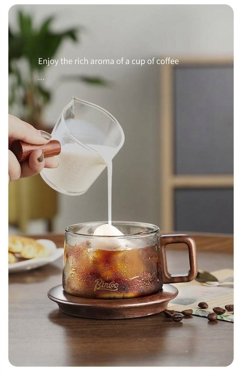 Bincoo Modern Glass Coffee Mug with Wood Handle & Coaster Set