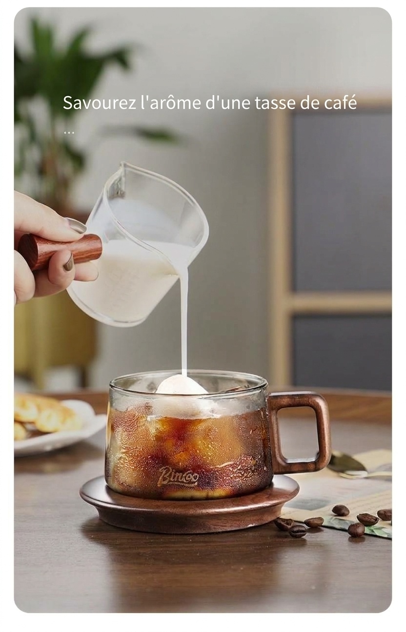 Ensemble tasse à café moderne en verre Bincoo avec anse en bois et sous-verre
