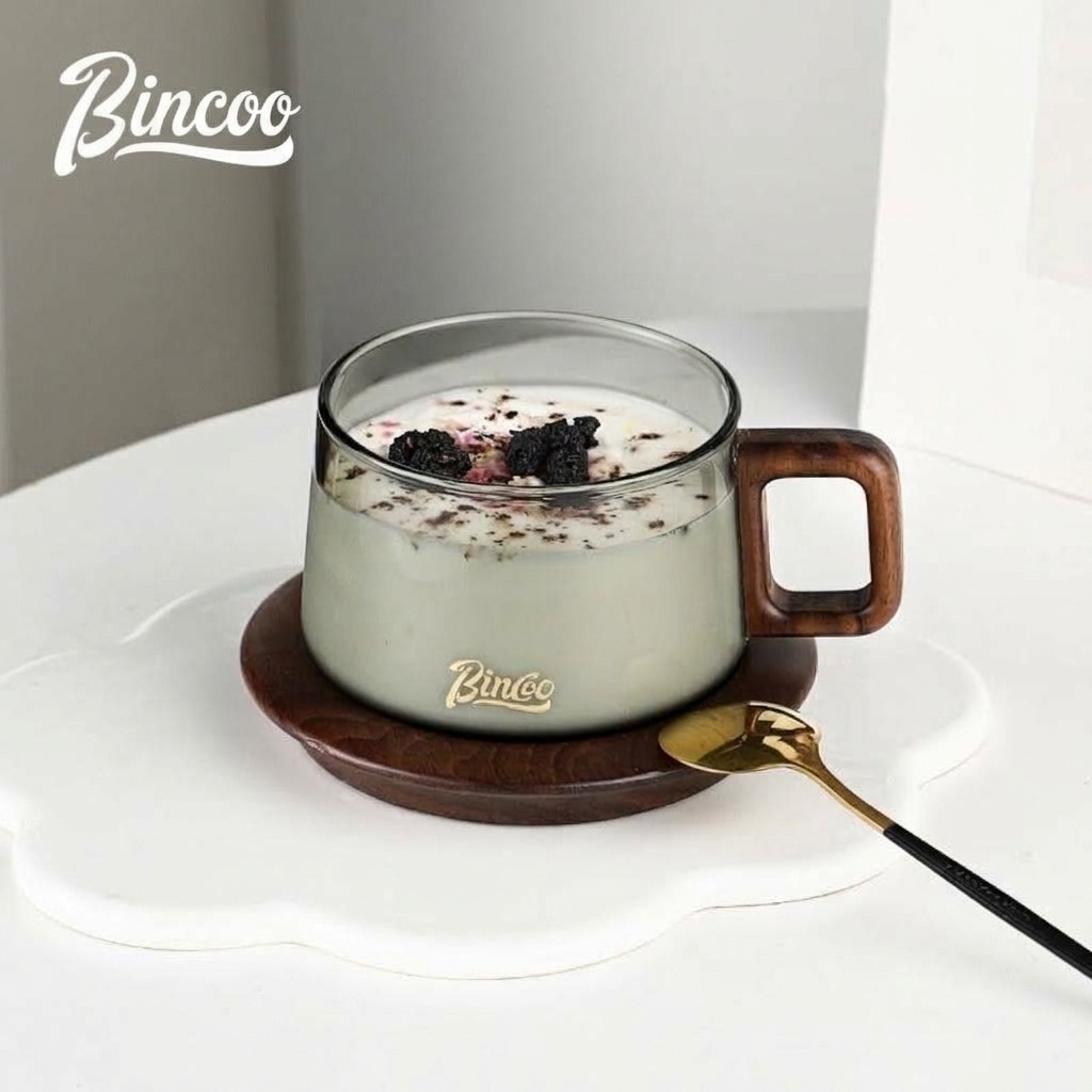Bincoo Modern Glass Coffee Mug with Wood Handle & Coaster Set