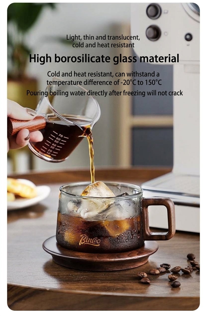 Bincoo Modern Glass Coffee Mug with Wood Handle & Coaster Set