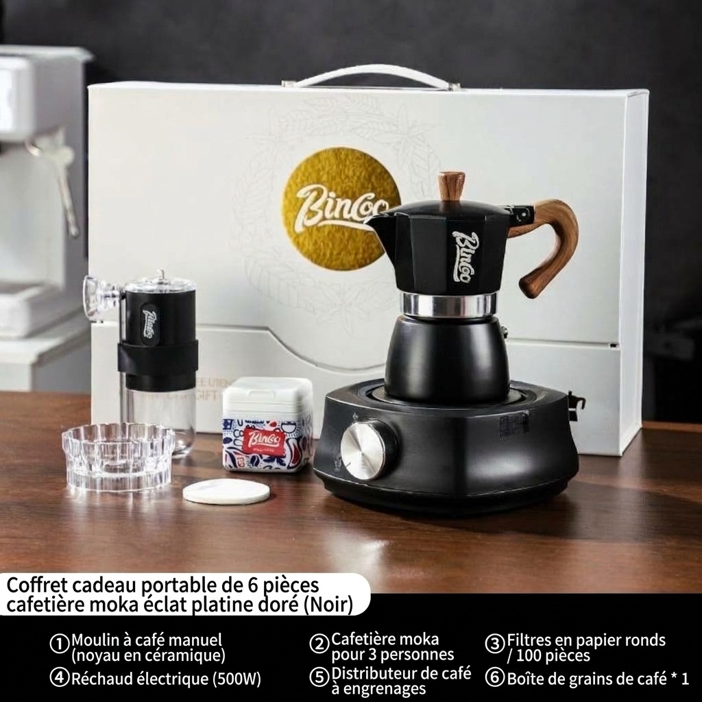 Ensemble cafetière italienne Bincoo avec plaque électrique et moulin à café