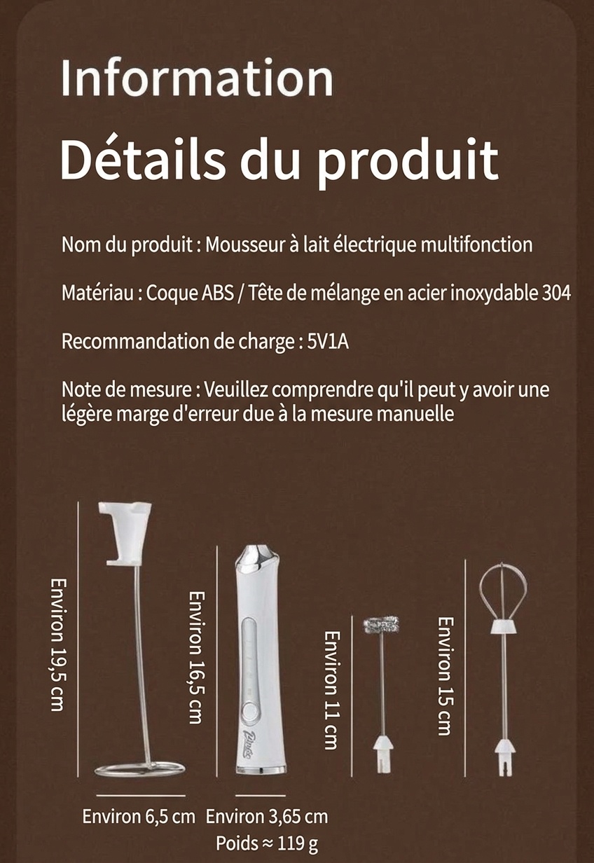 Mousseur à lait et fouet électrique portable BinCoo - Rechargeable par USB-C