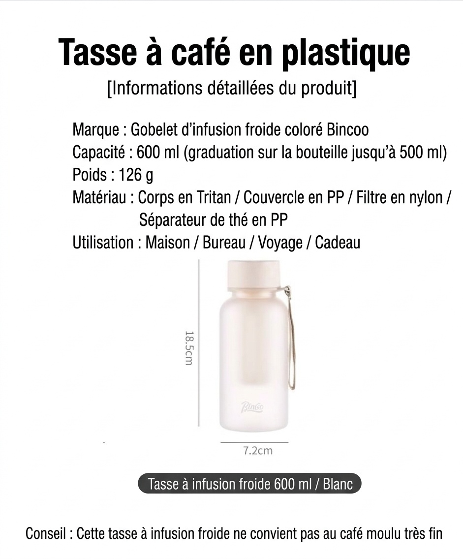 Bouteille de cafetière à infusion à froid portable Bincoo avec filtre et poignée