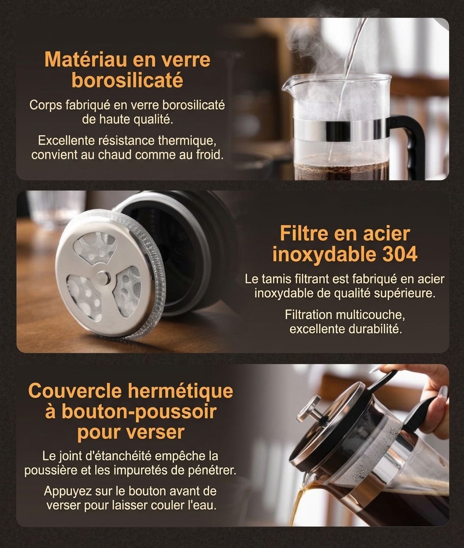 Bincoo 1000ml French Press Coffee Maker | Glass & Steel