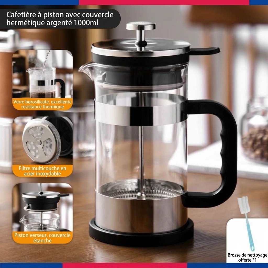 Bincoo 1000ml French Press Coffee Maker | Glass & Steel
