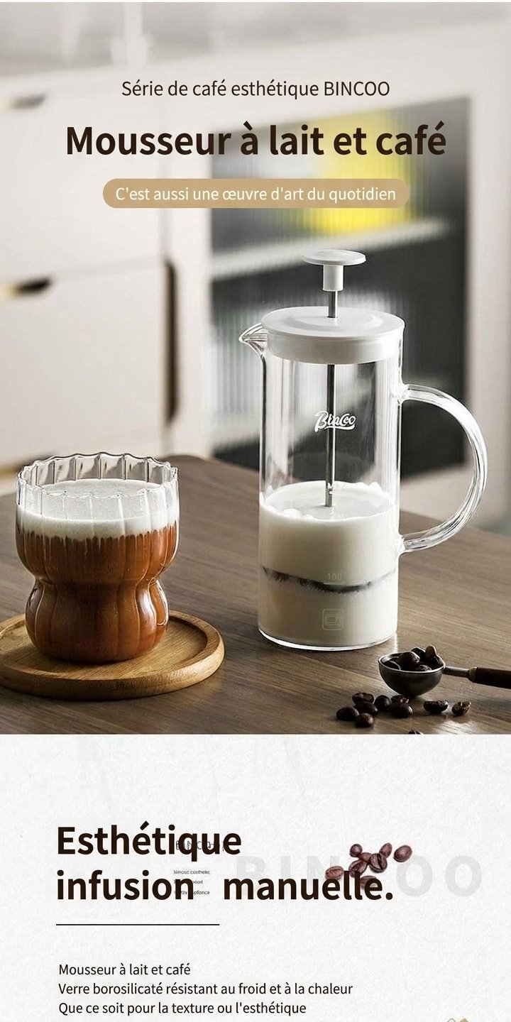Mousseur à lait en verre et cafetière à piston Bincoo