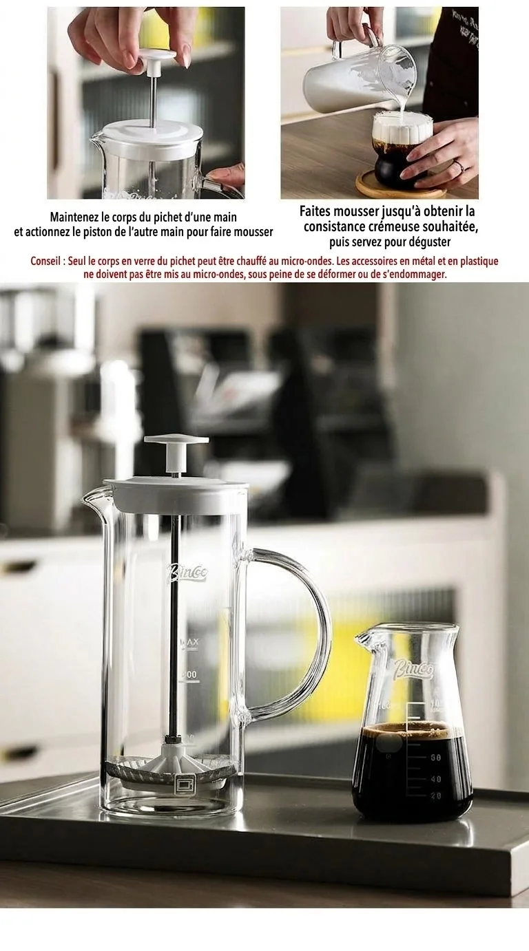 Mousseur à lait en verre et cafetière à piston Bincoo