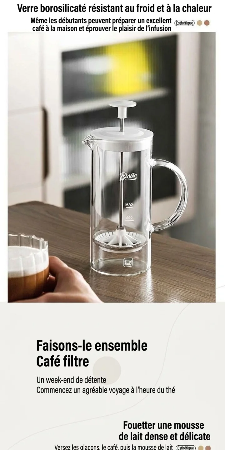 Mousseur à lait en verre et cafetière à piston Bincoo
