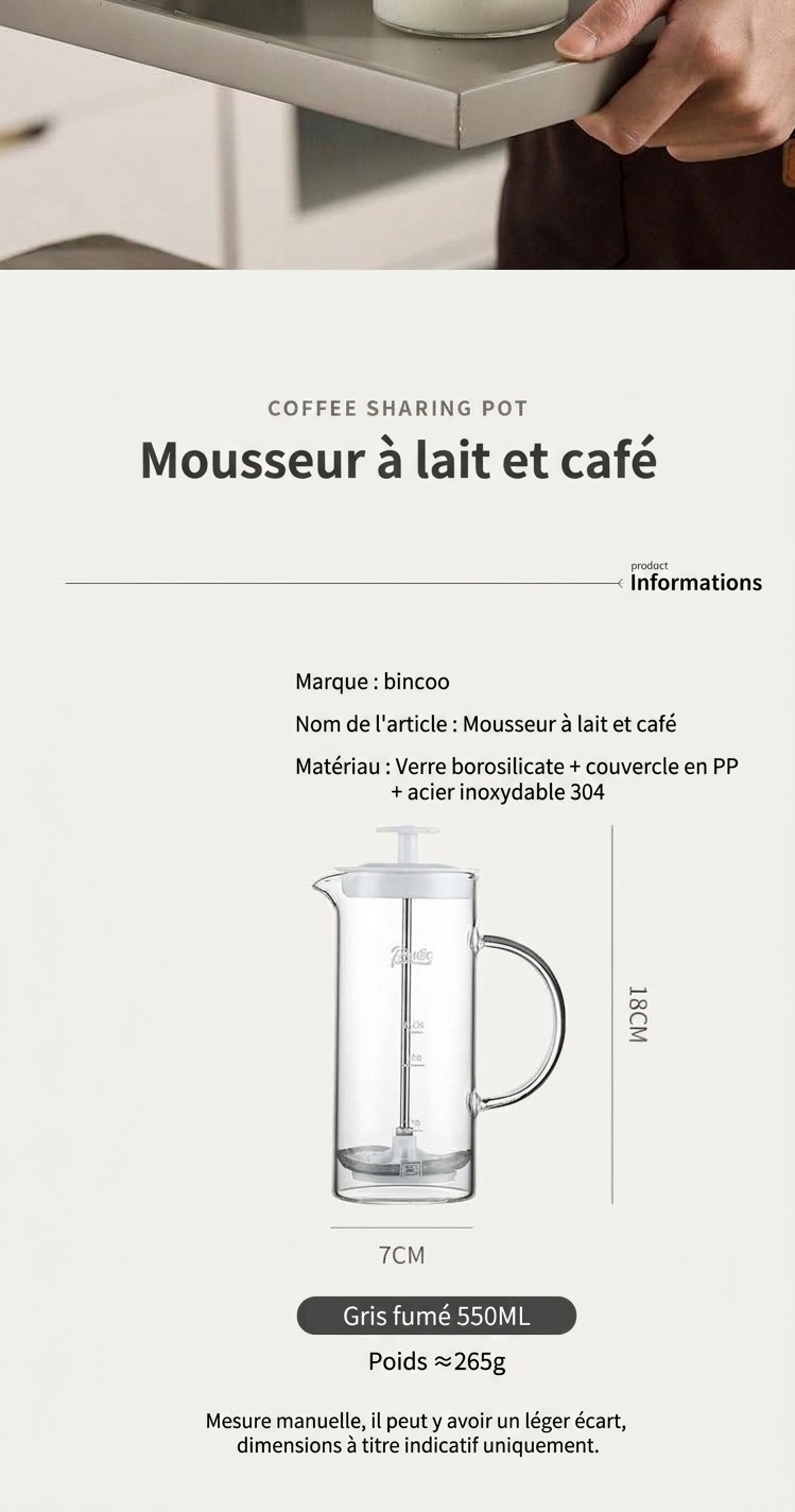 Mousseur à lait en verre et cafetière à piston Bincoo