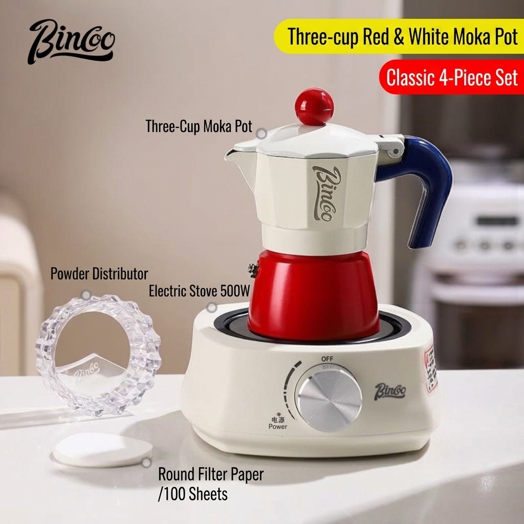 Binco Retro Red & Cream Moka Pot Espresso Maker with Hot Plate