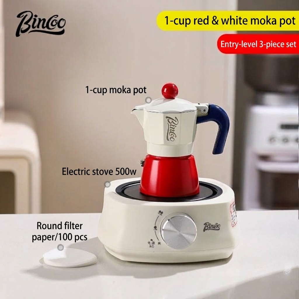 Binco Retro Red & Cream Moka Pot Espresso Maker with Hot Plate