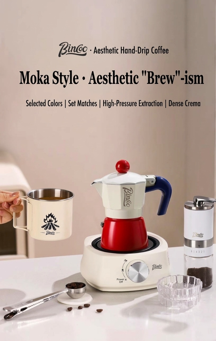 Binco Retro Red & Cream Moka Pot Espresso Maker with Hot Plate